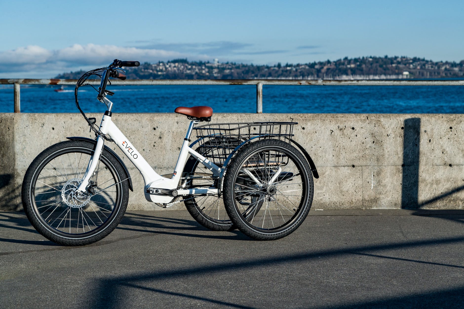 white electric tricycle parked near body of water